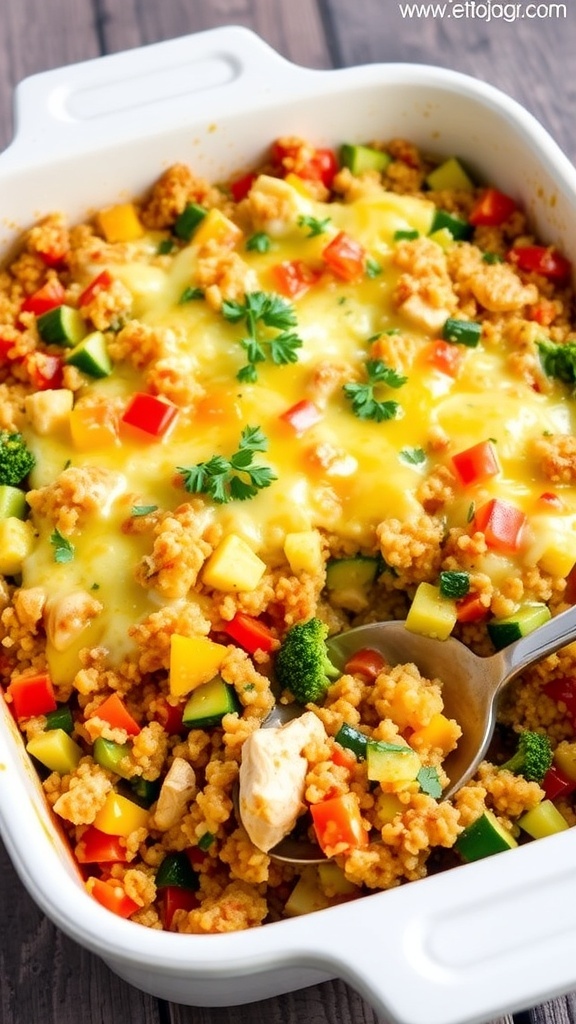 A hearty chicken and vegetable quinoa bake with melted cheese, colorful vegetables, and quinoa in a baking dish.